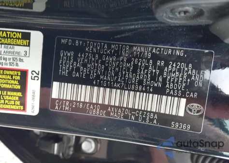 2020 Toyota Camry Se from USA, damaged, VIN 4T1G11AK7LU898414